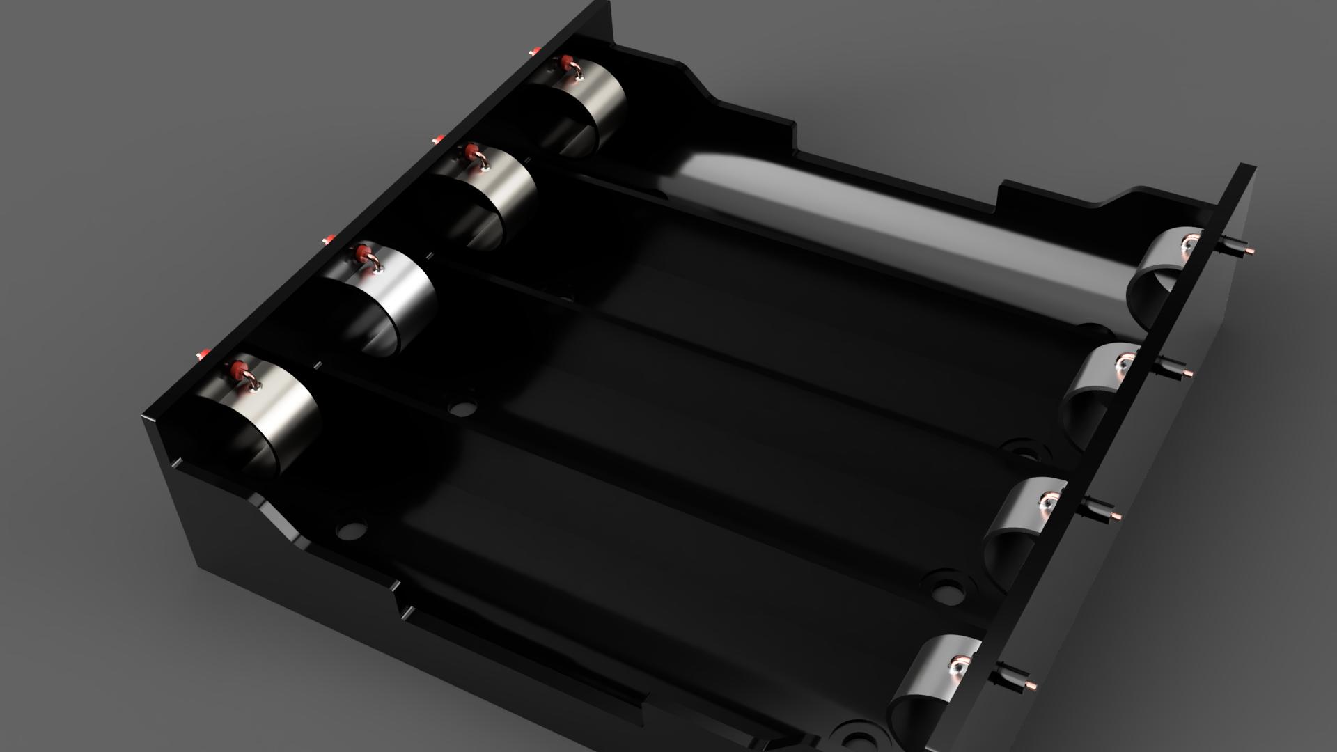 4 x 18650电池座。每个电池槽的单独导线，通常用于并联电池。带有M3（或#4）低头螺钉的安装支架孔。电池通过弹簧钢触点固定和接触